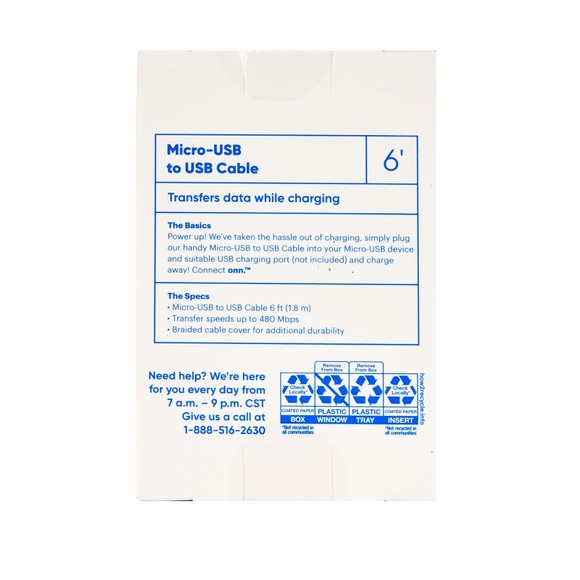 ONN. Braided 6’ Ft Sync & Charge Cable with Micro USB Connector NWT - Picture 2 of 5